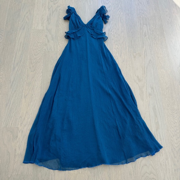 Hutch Rumi Open Tie Back Ruffle Maxi Dress Gown Blue Chiffon - Size XS - Picture 2 of 11